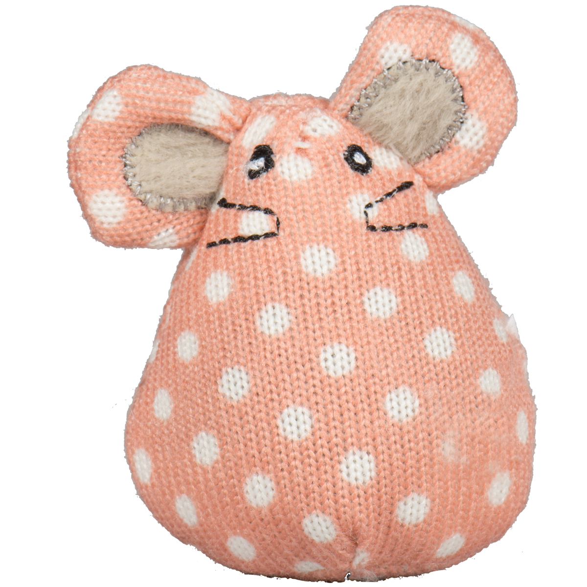 Pink mouse cat toy with white polka dots and plush ears