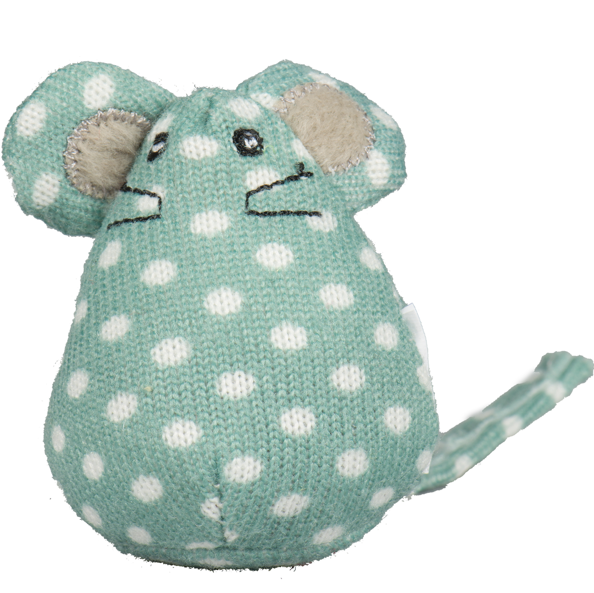 Teal mouse cat toy with white polka dots, plush ears, stitched whiskers and a tail