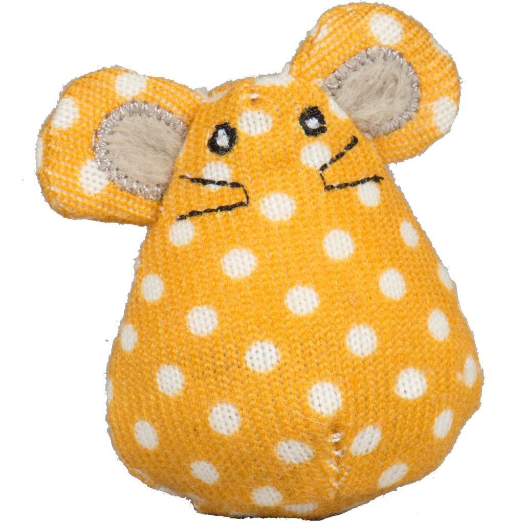 Yellow mouse cat toy with white polka dots and plush ears