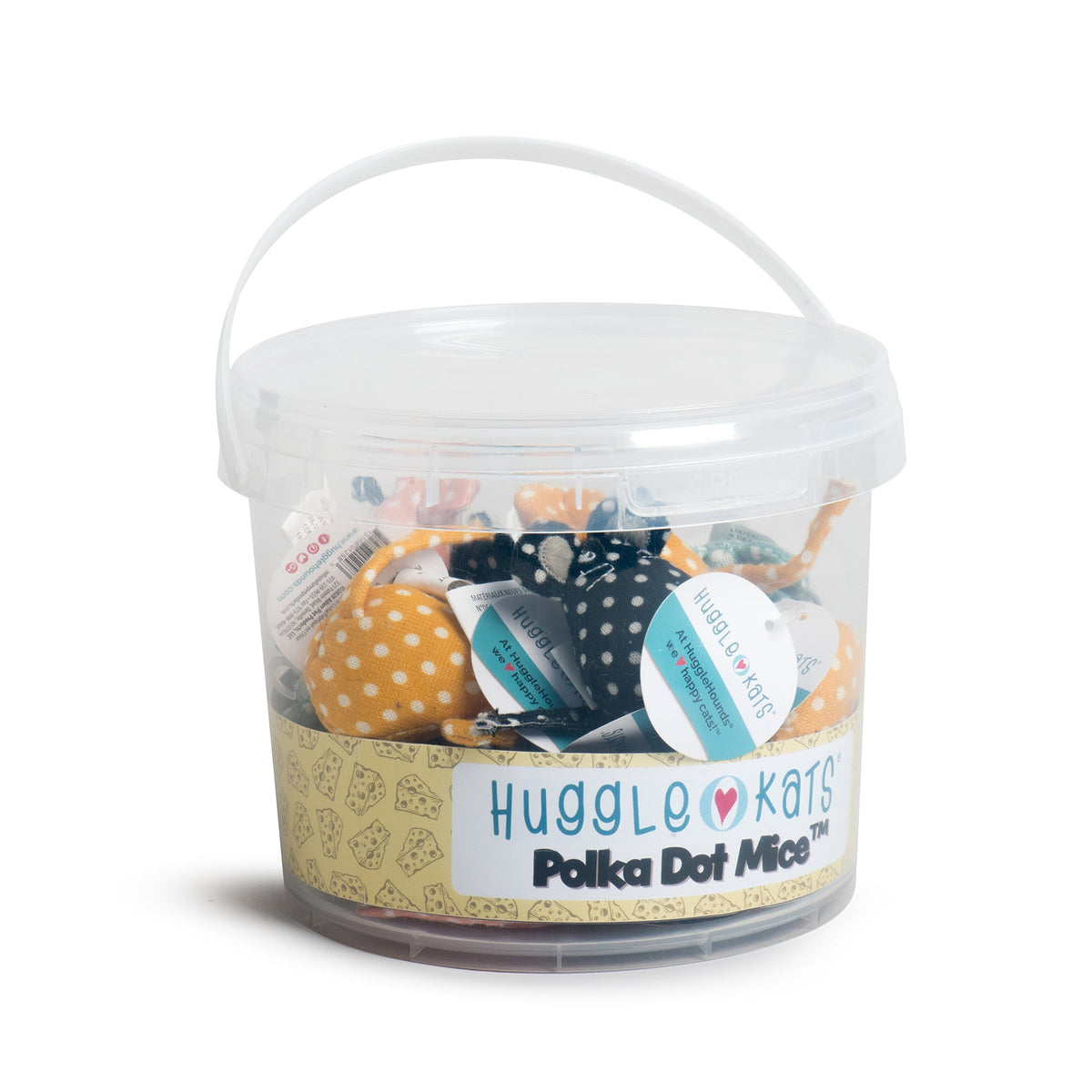 Clear HuggleKats Polka Dot Mice bucket with a handle, filled with teal, yellow, black and pink mouse toys