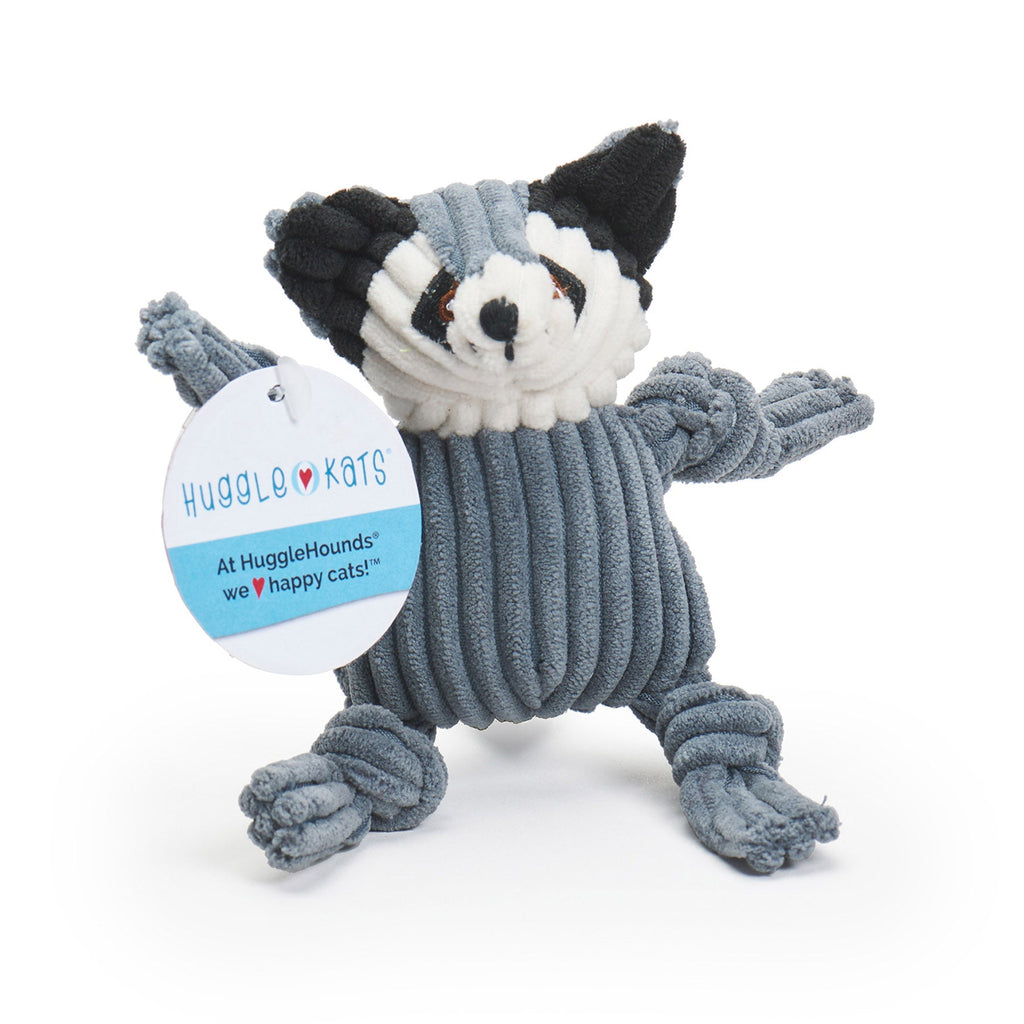 Gray corduroy raccoon cat toy with a black and white face and knotted limbs