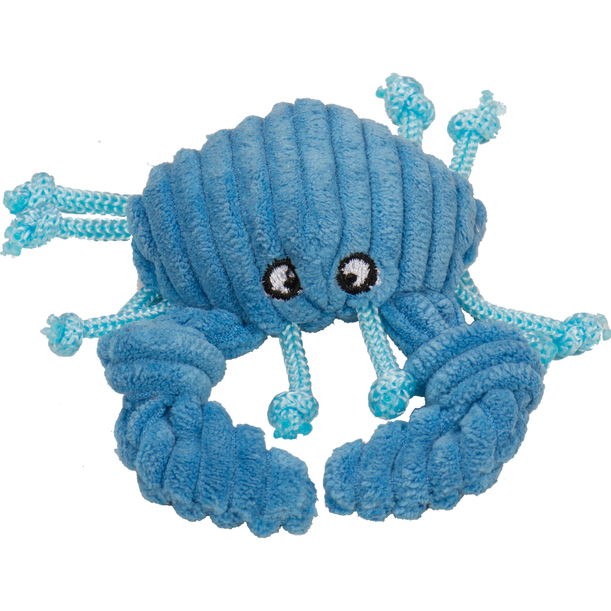 Blue corduroy crab cat toy with rope legs and knotted claws