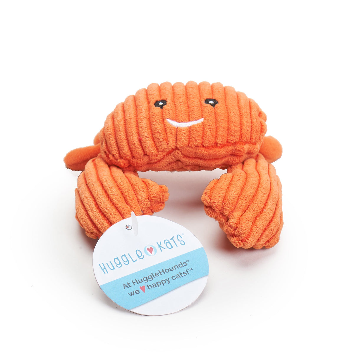 Orange corduroy crab cat toy with a stitched smile and a HuggleKats tag