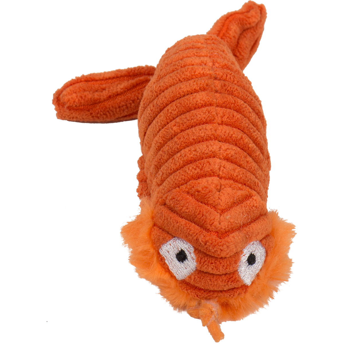Orange corduroy sea critter cat toy with fuzzy cheeks and a fin-shaped tail