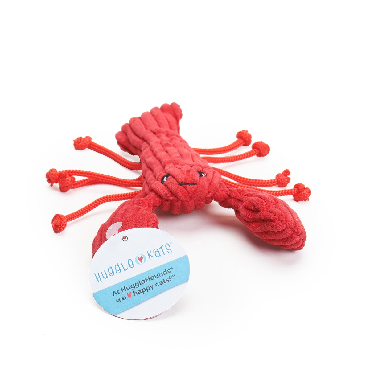 Red corduroy lobster cat toy with rope legs and a HuggleKats tag