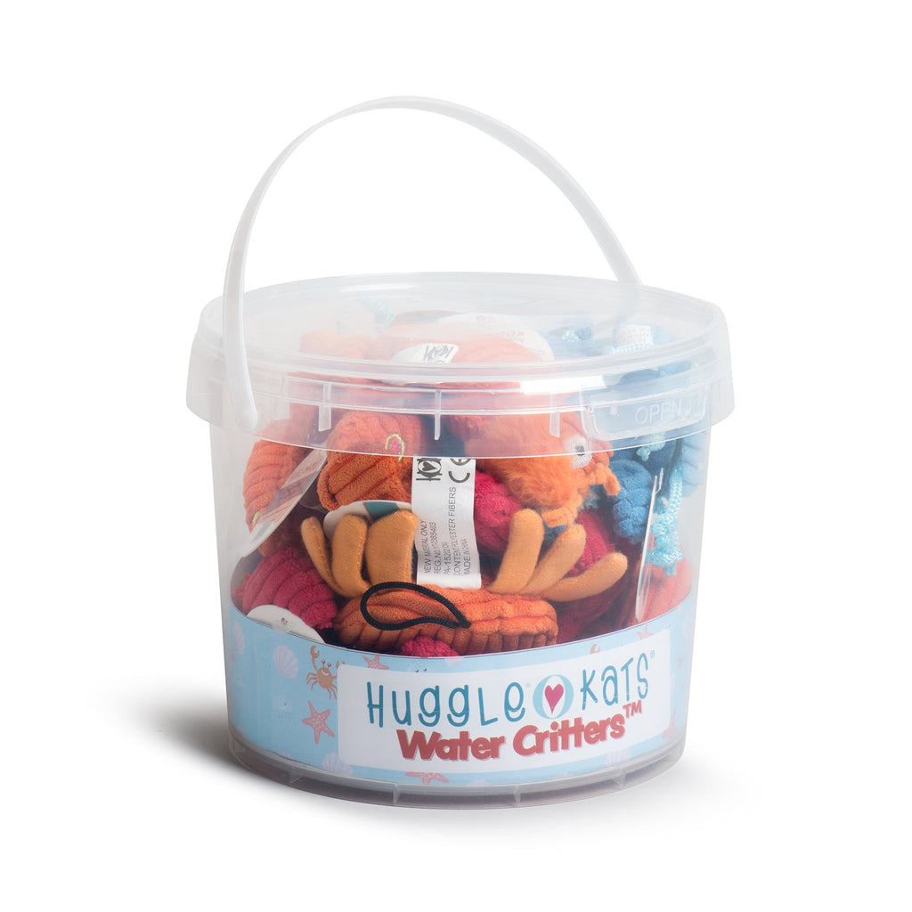 Clear HuggleKats Water Critters bucket with a handle, filled with colourful corduroy cat toys