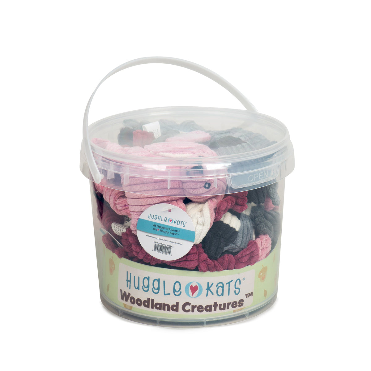Clear HuggleKats Woodland Creatures bucket filled with small corduroy cat toys
