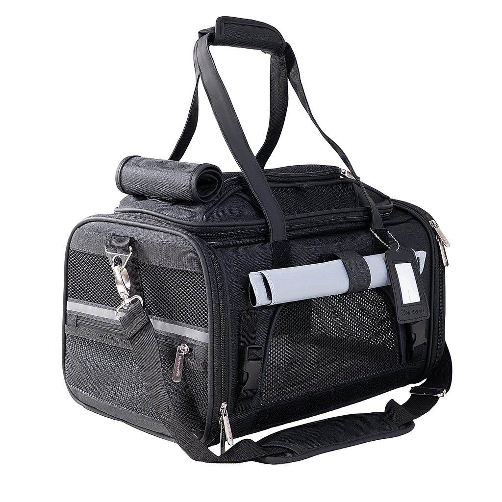 Black carrier with the privacy cover rolled up, showing the mesh window and the strap rings