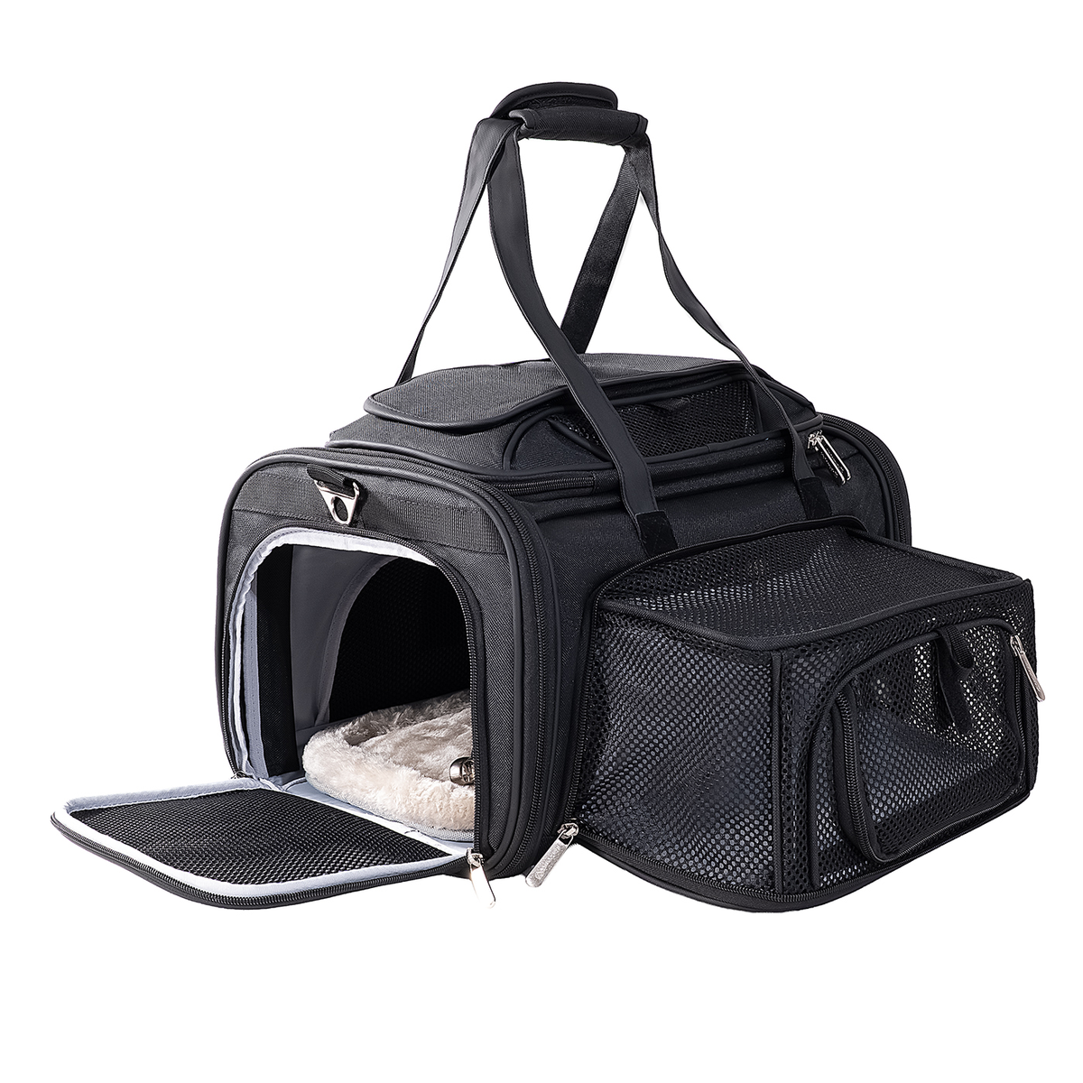 Gold Series Expandable carrier in Black with the front door open and the mesh side panel expanded