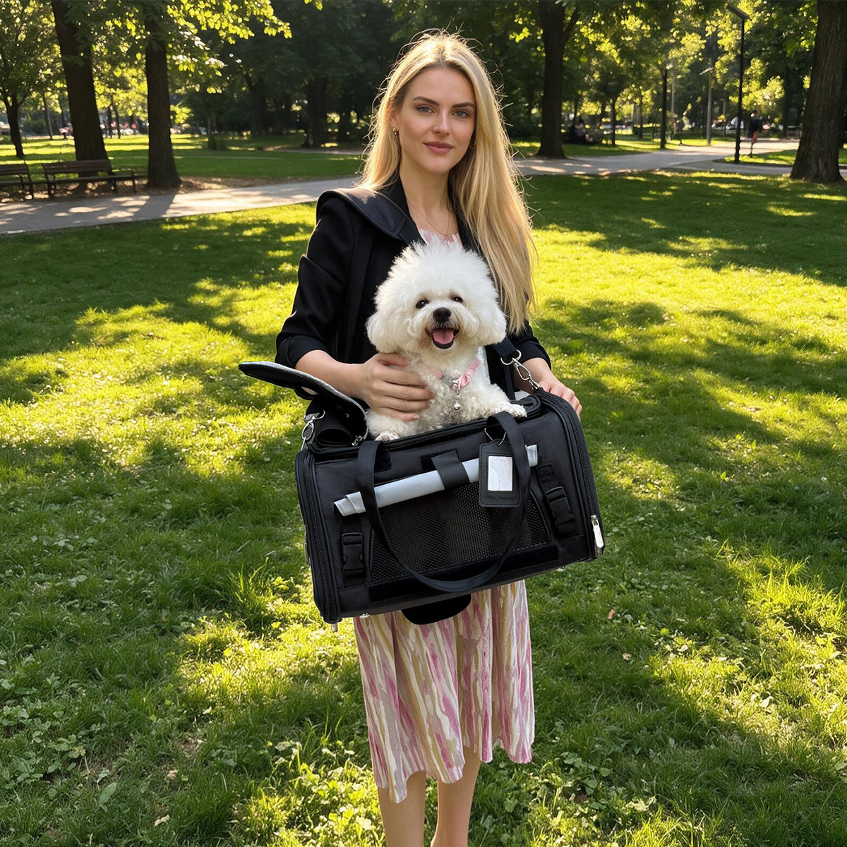 Woman in a park holding a small white dog in a black Gold Series Expandable carrier