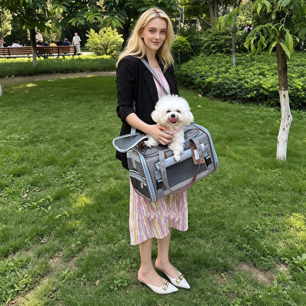 Woman in a park holding a small white dog in a gray Gold Series Expandable carrier