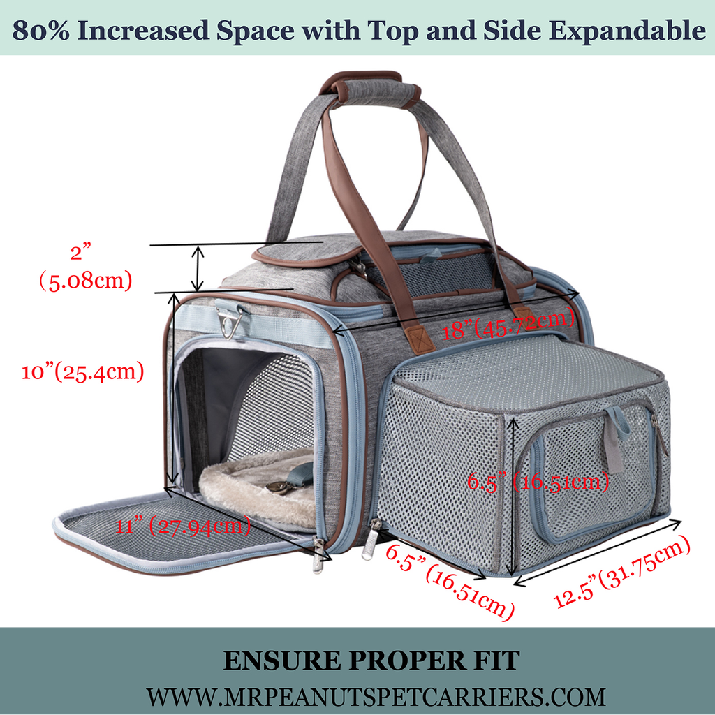 Gray carrier with measurements: 18 in long, 11 in wide, 10 in high, plus 2 in with the top expanded