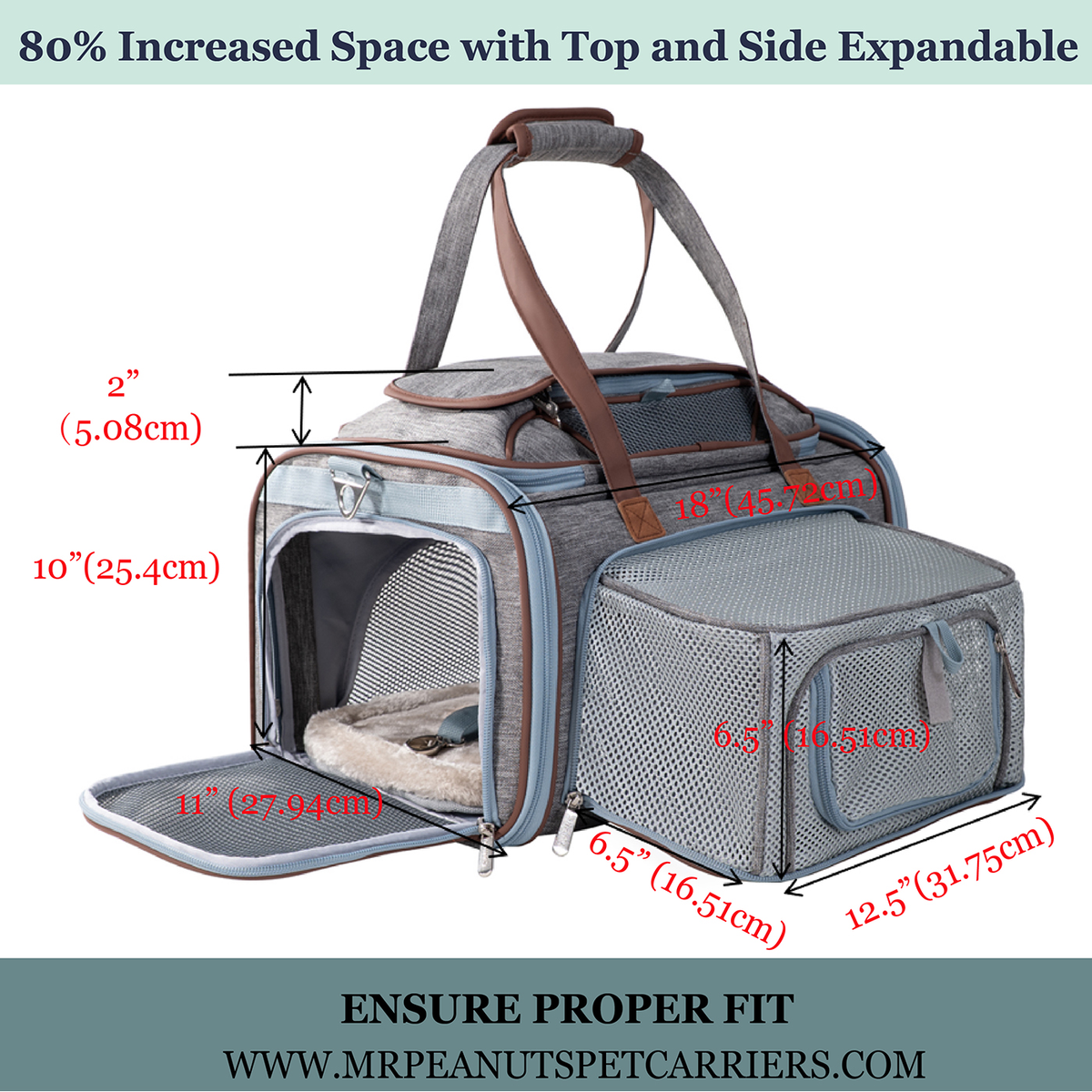 Gray carrier with measurements: 18 in long, 11 in wide, 10 in high, plus 2 in with the top expanded
