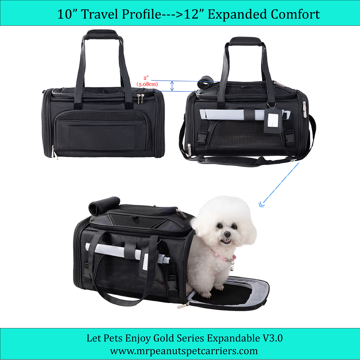 Black carrier shown 10 in high closed and 12 in with the top expanded, and a small white dog stepping out