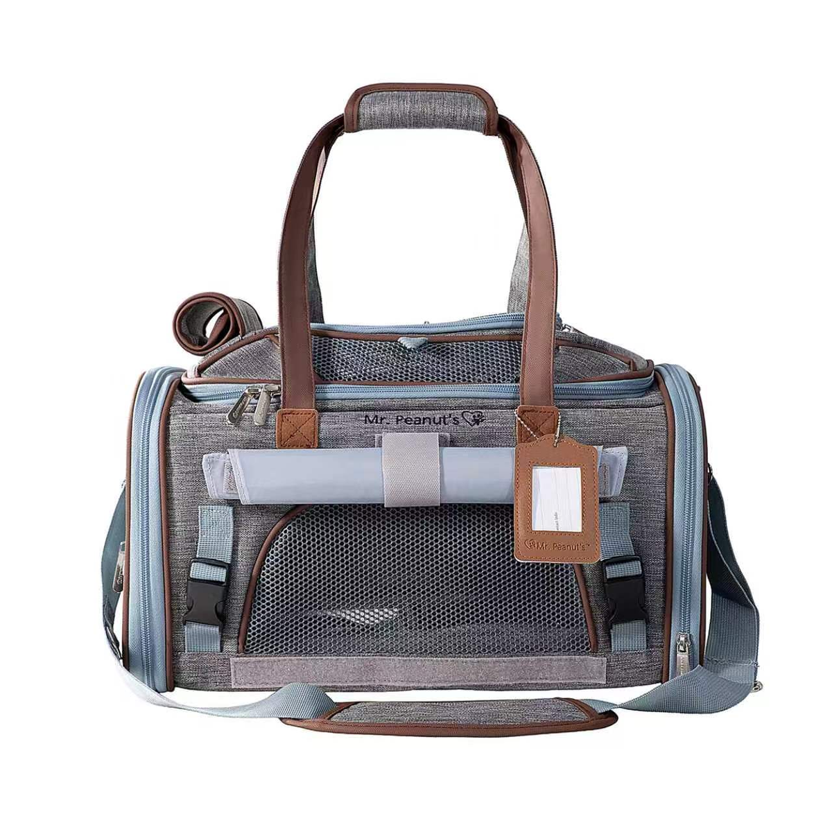 Gray carrier with brown handles and a luggage tag, with the privacy cover rolled up over the front mesh