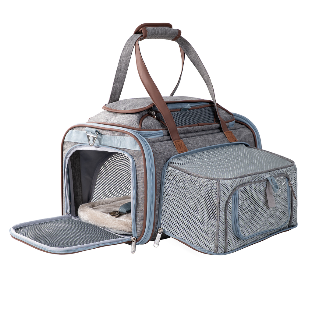Mr. Peanut's Gold Series Expandable carrier in Platinum Gray with the front door open and the mesh side panel expanded