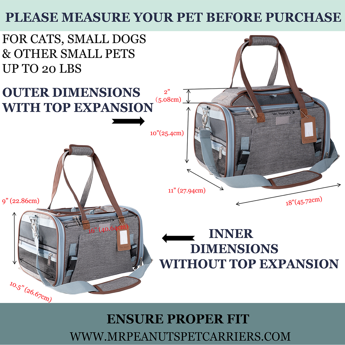 Size chart showing the carrier's outer size with the top expanded and its inner size with the top closed