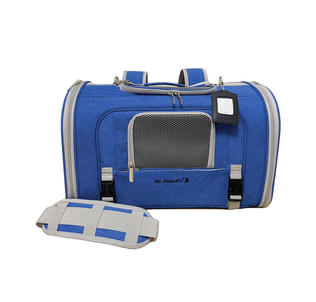 Monterey backpack carrier in Deja Blue with the end door unzipped and folded down