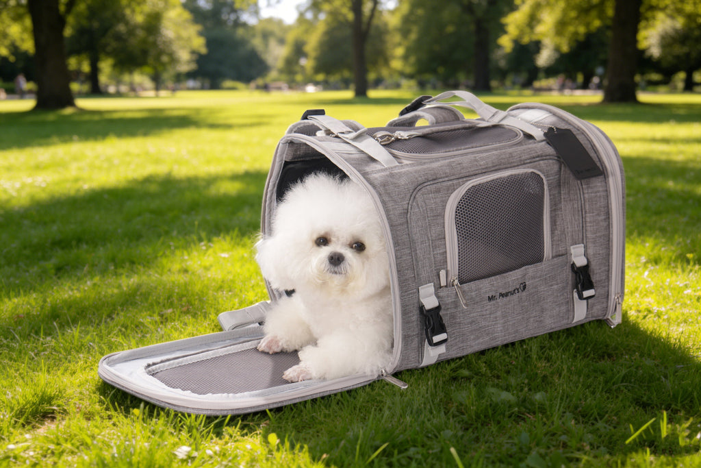 Small white dog looking out of the open end of the gray Monterey carrier on the grass in a park