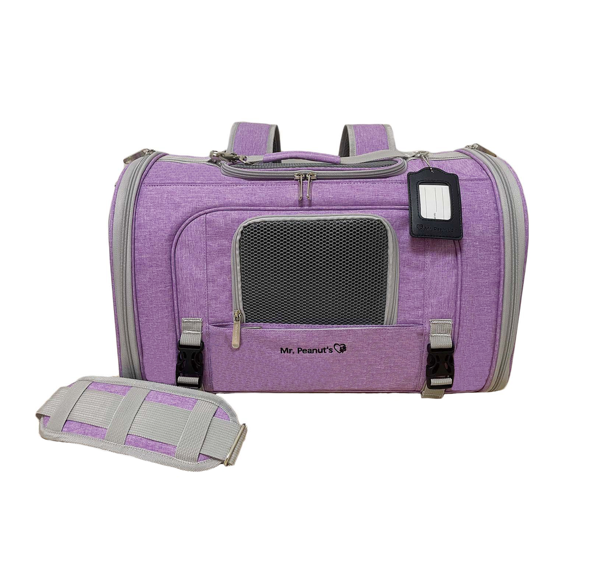 Monterey backpack carrier in Lavender with the end door unzipped and folded down