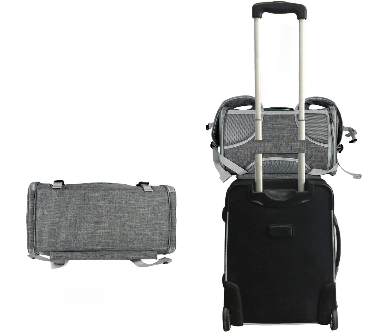 Gray Monterey carrier strapped onto a black suitcase handle with its luggage band