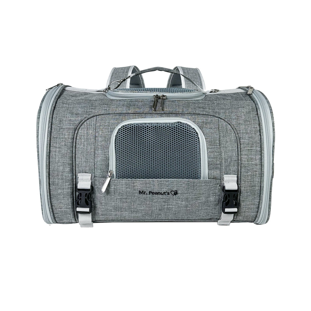 Mr. Peanut's Monterey horizontal backpack carrier in Platinum Gray, with a large mesh window on the front
