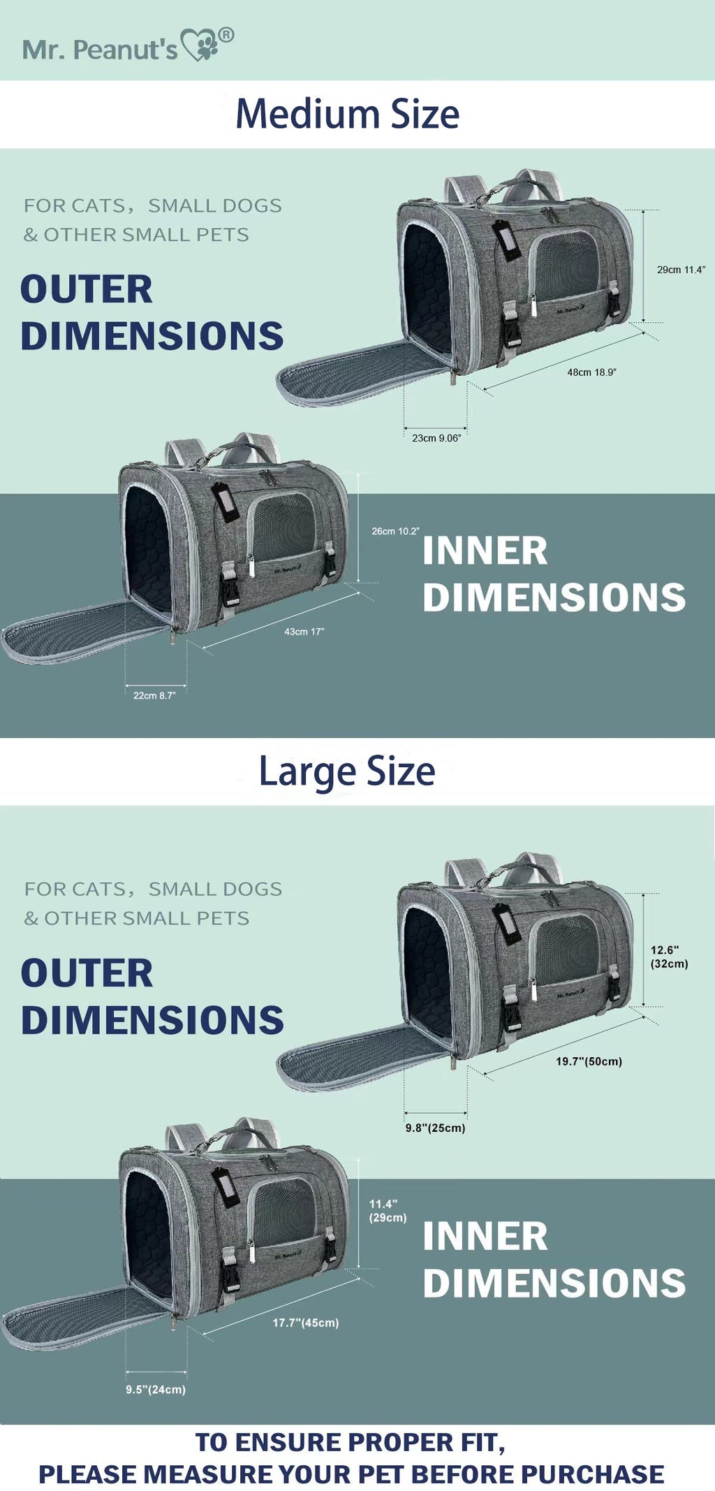 Size chart for the Monterey carrier in Medium and Large, with the outer and inner dimensions