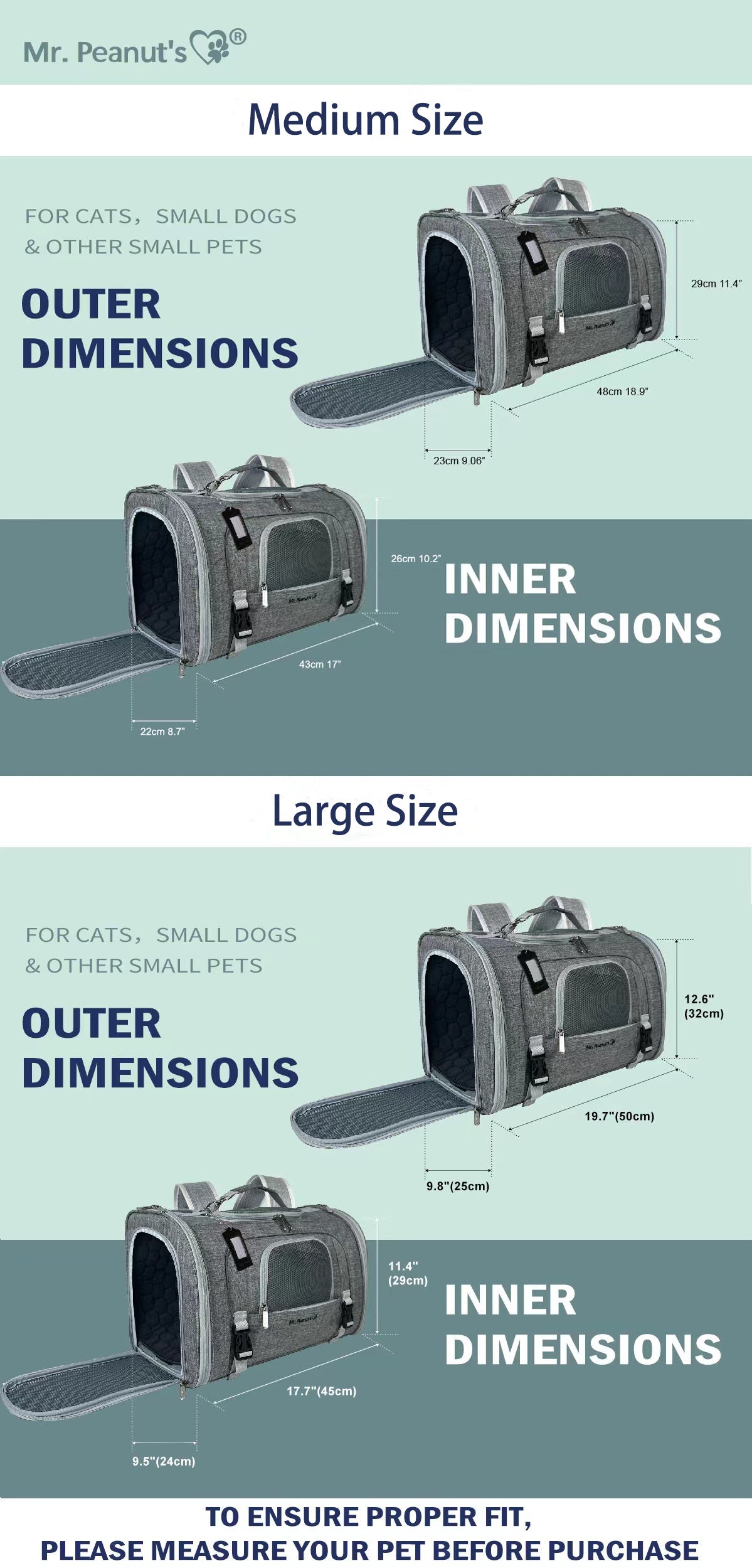 Size chart for the Monterey carrier in Medium and Large, with the outer and inner dimensions