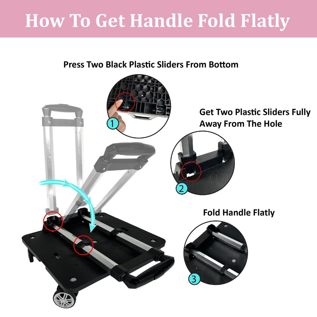 Step-by-step pictures showing how to fold the spinner wheelbase handle flat
