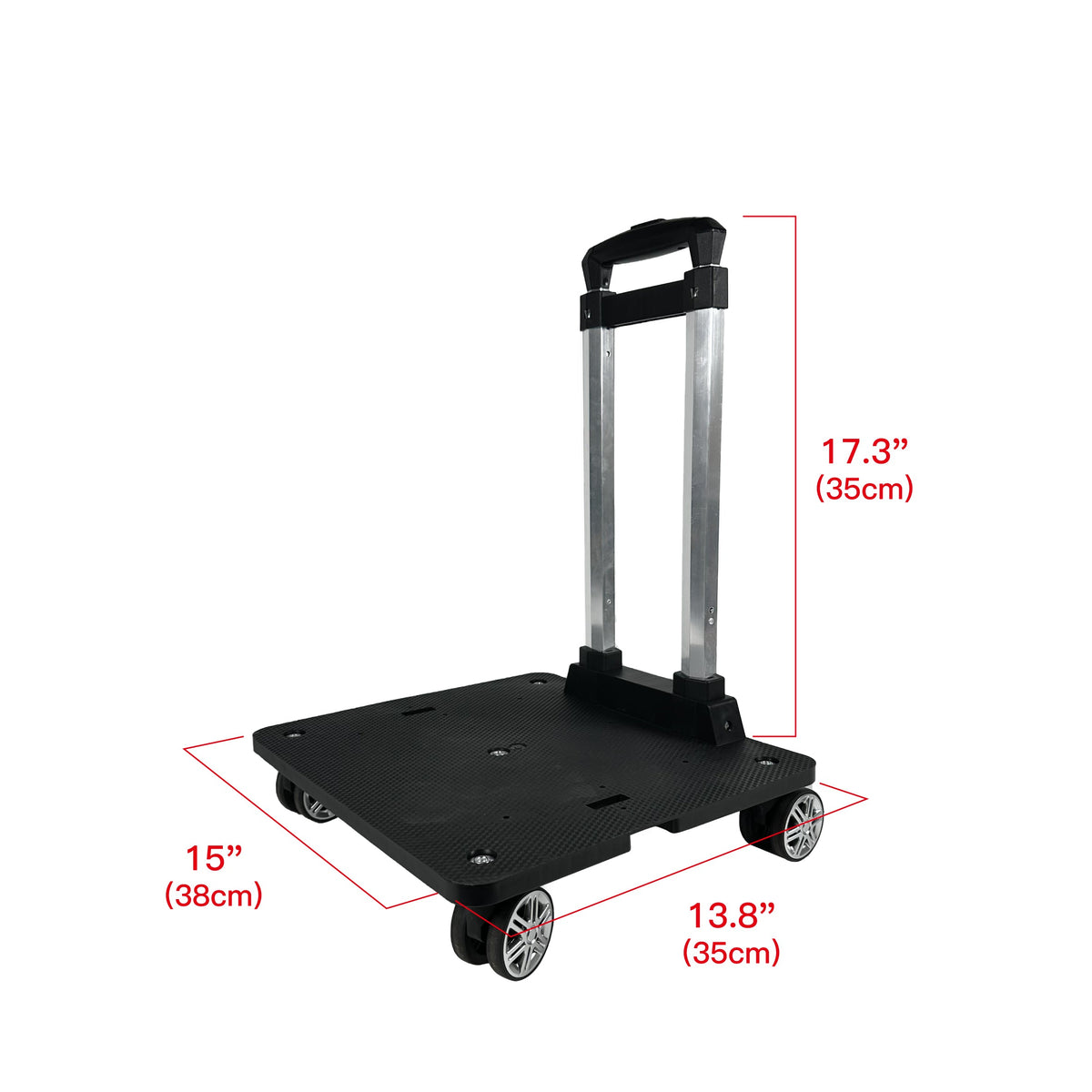 Spinner wheelbase with the handle lowered, with its folded height, width and depth marked