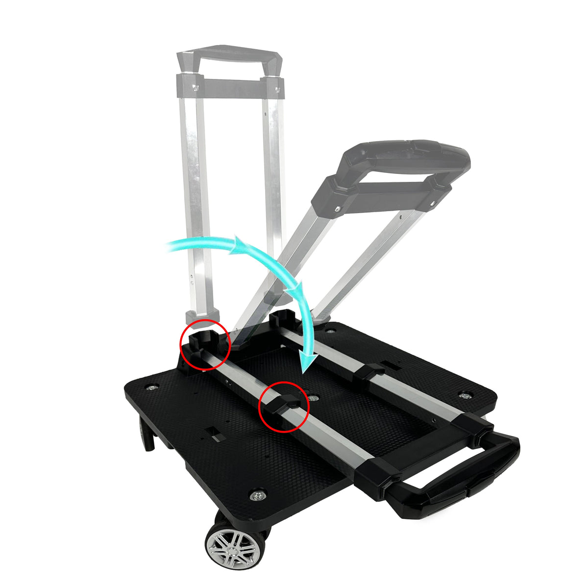 The spinner wheelbase handle folding down flat onto the black base, shown with an arrow