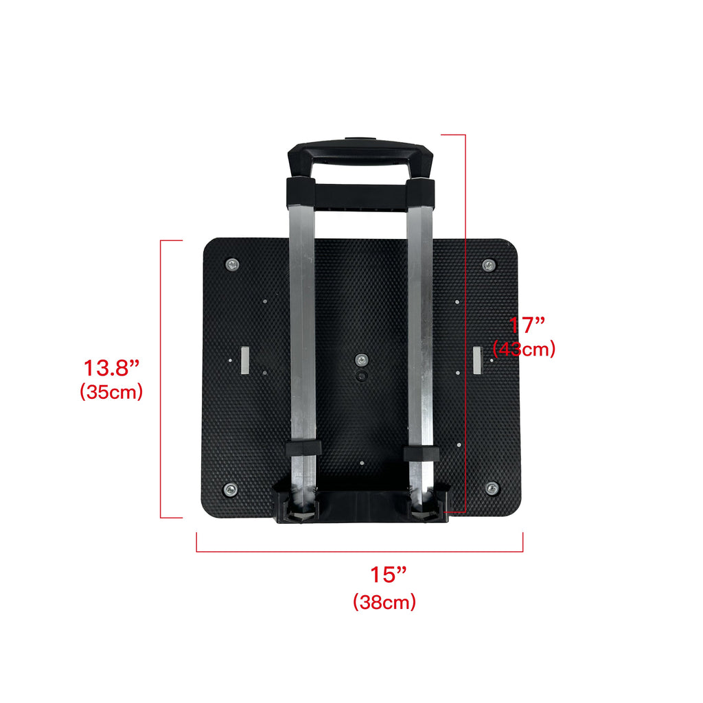 Top view of the spinner wheelbase's black base and handle, with its width and depth marked