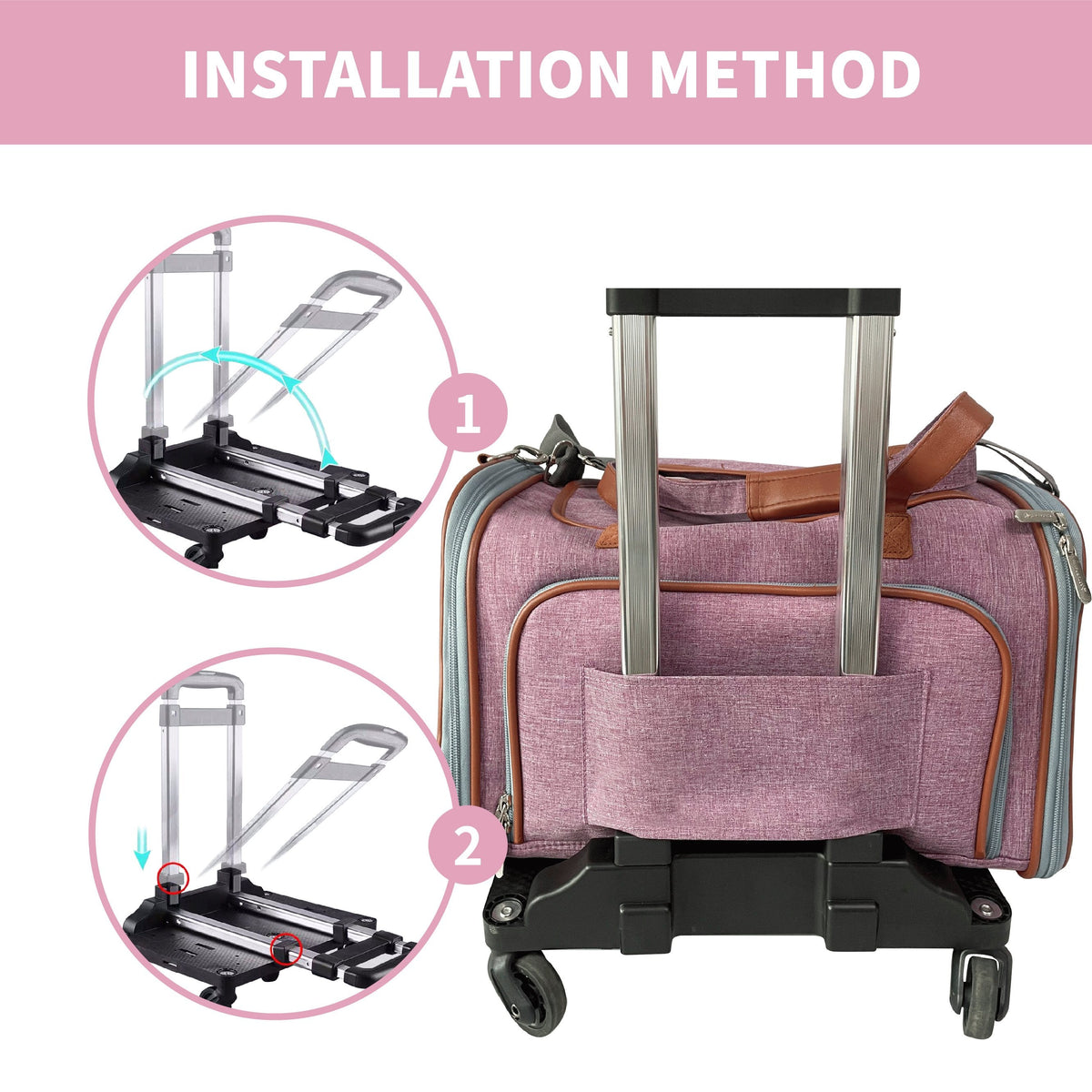 A pink pet carrier strapped onto the spinner wheelbase, with two small views of the strap going on