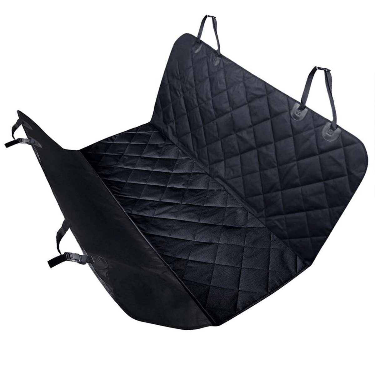 Black quilted back seat dog car cover laid flat, showing its headrest straps