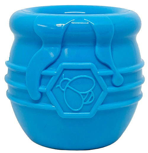 Blue rubber honey pot treat toy with a bee emblem