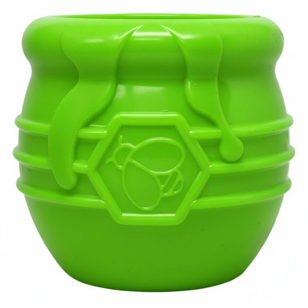 Green rubber honey pot treat toy with a bee emblem