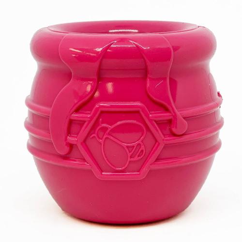 Pink rubber honey pot treat toy with a bee emblem