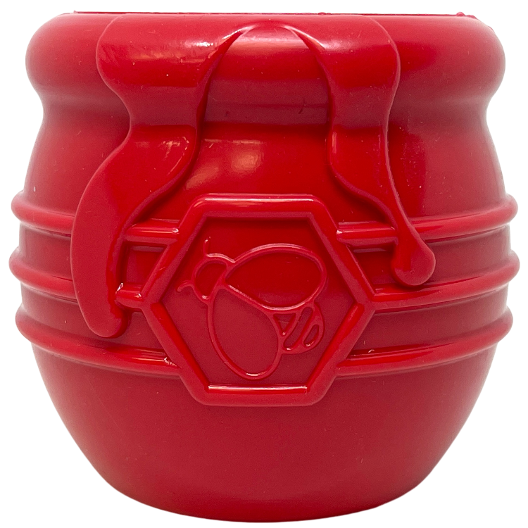 Red rubber honey pot treat toy with a bee emblem