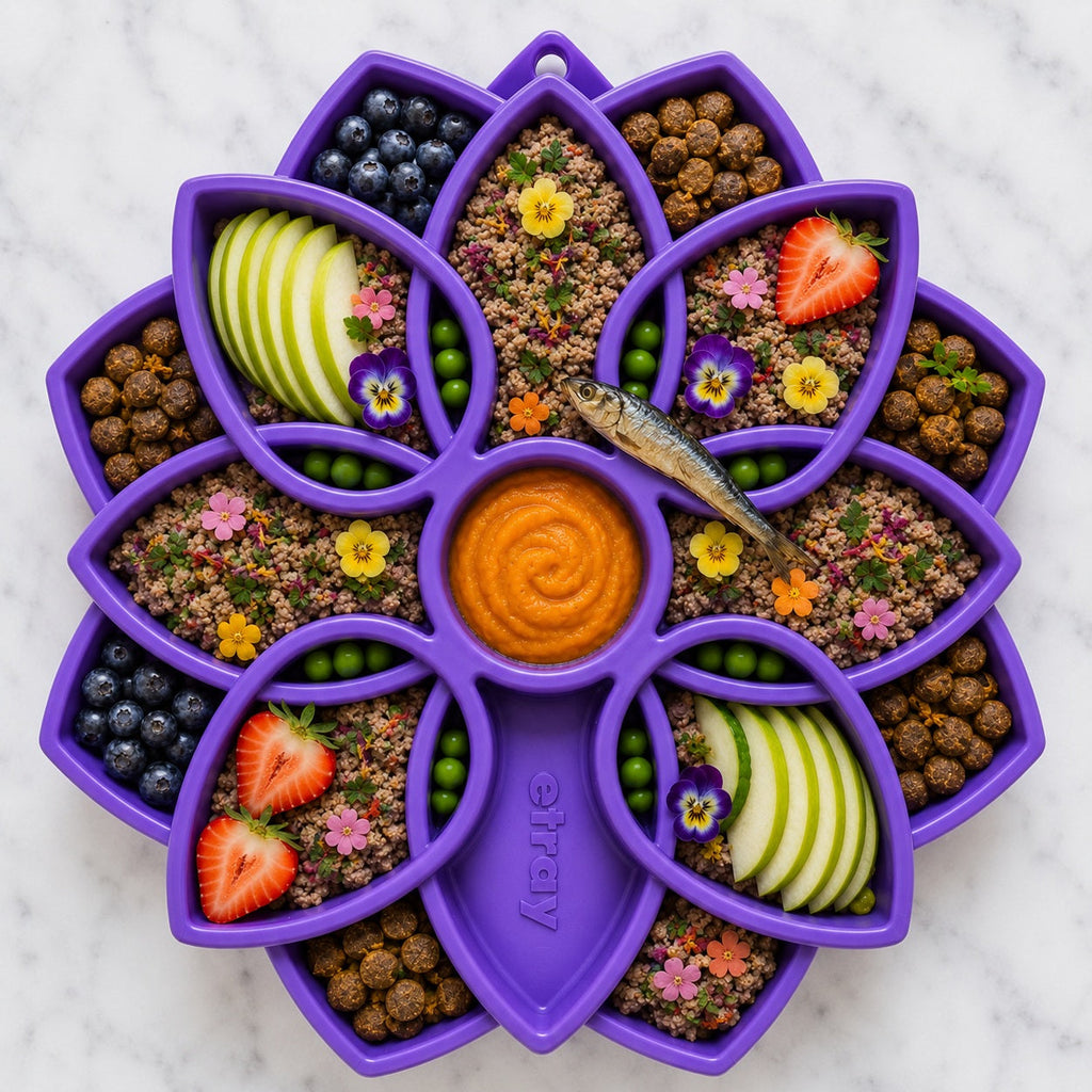 Purple flower slow feeder filled with kibble, fruit and puree
