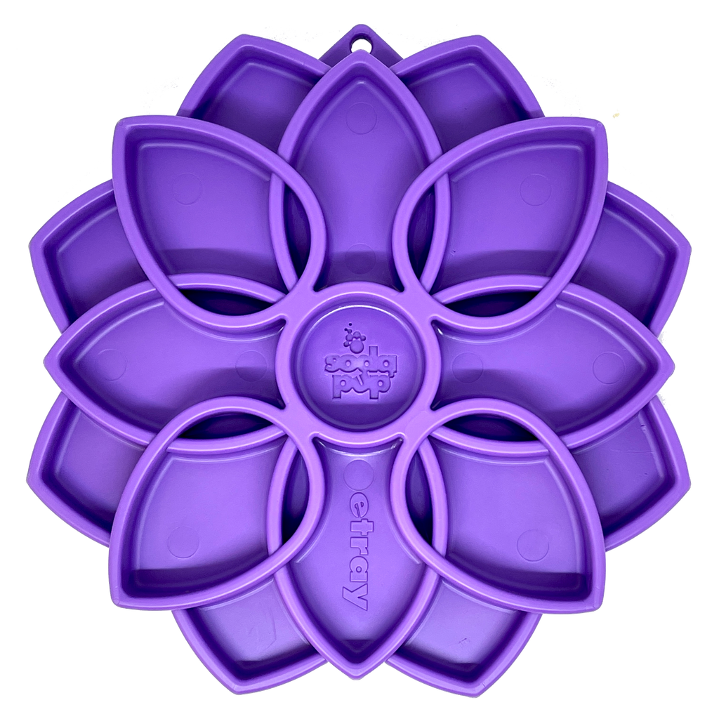 Purple flower-shaped slow feeder tray with petal compartments