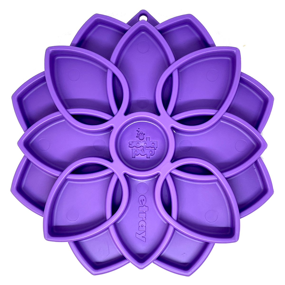 Purple flower-shaped slow feeder tray with petal compartments