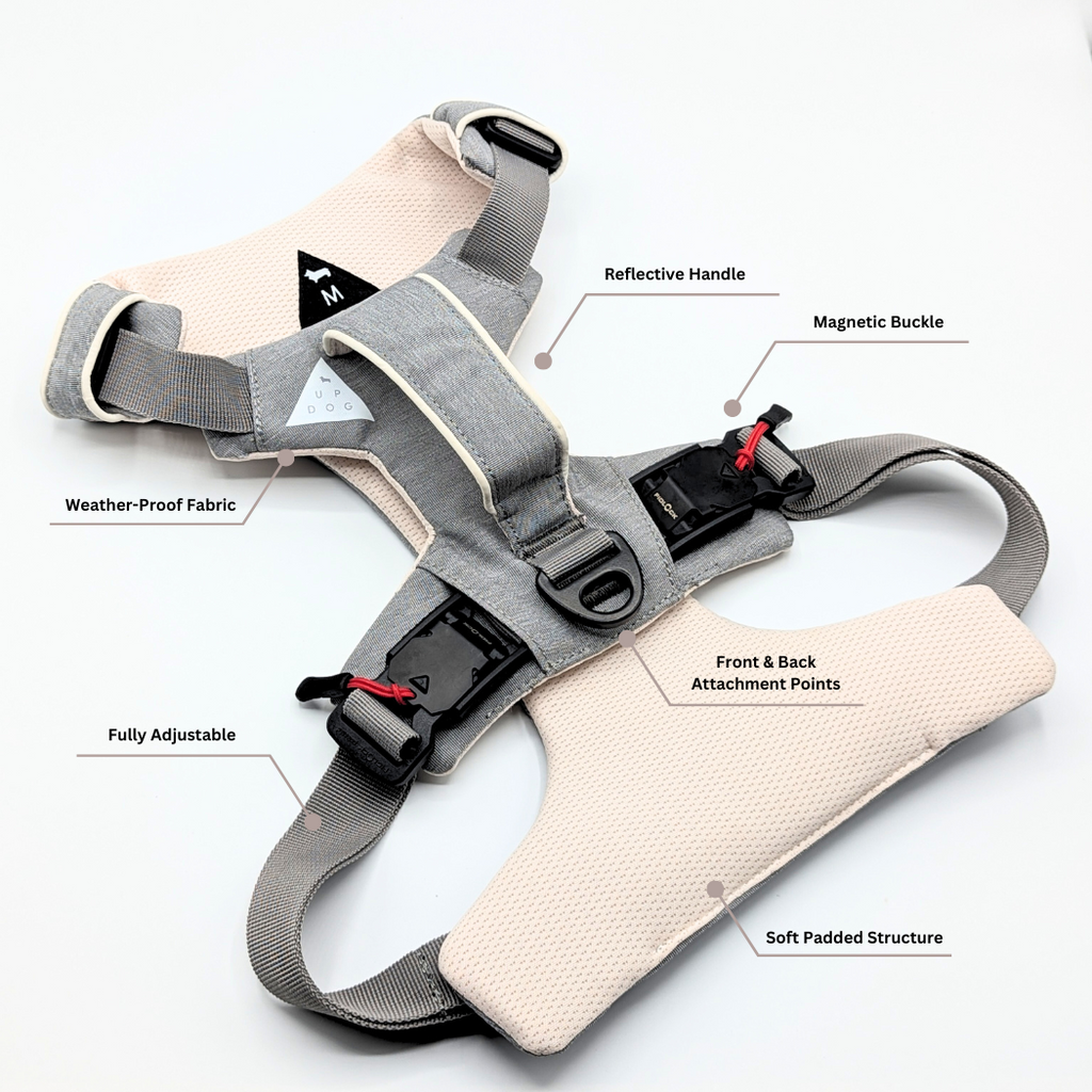 Gray and cream dog harness laid flat with labelled features