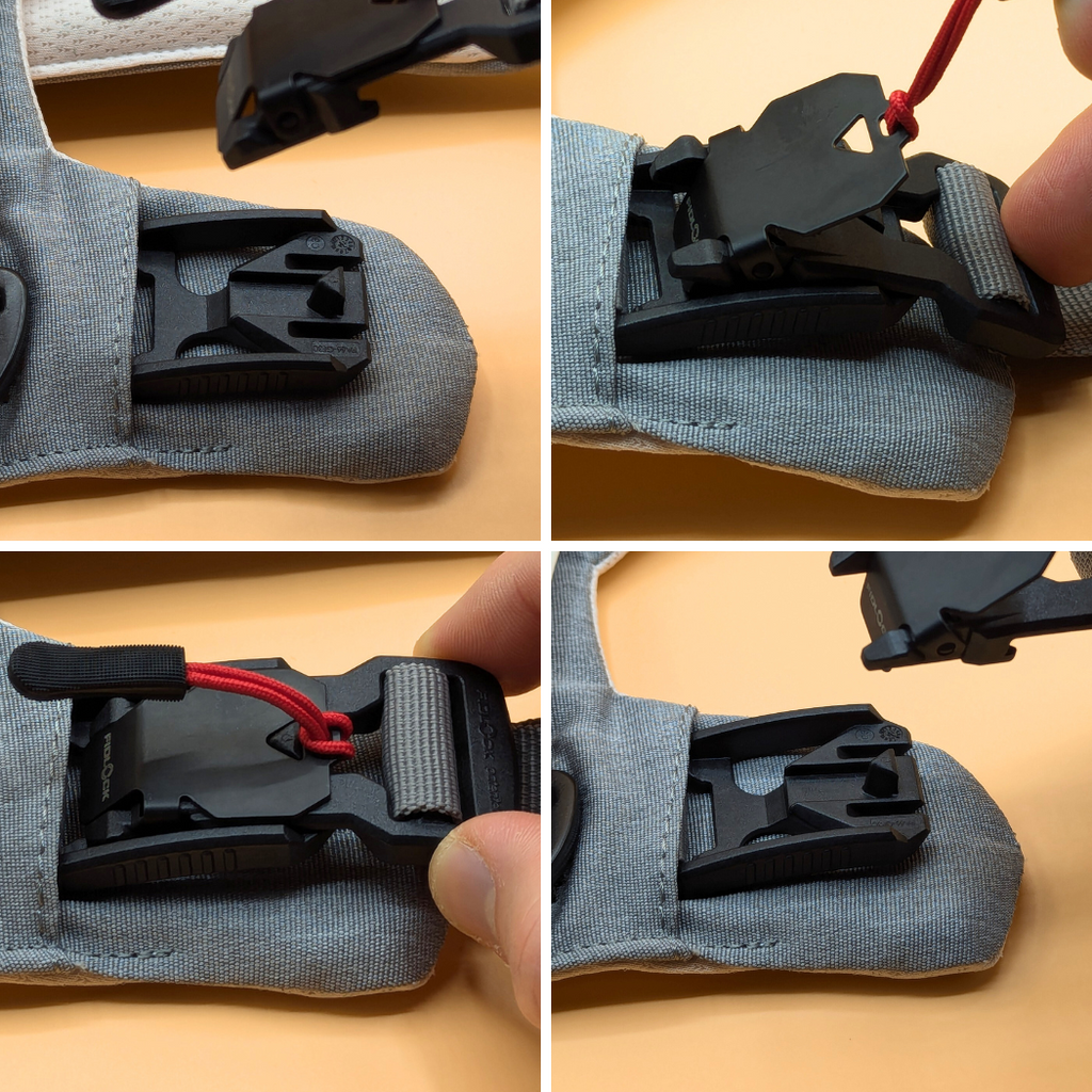 Four close-ups showing how the magnetic harness buckle locks and releases