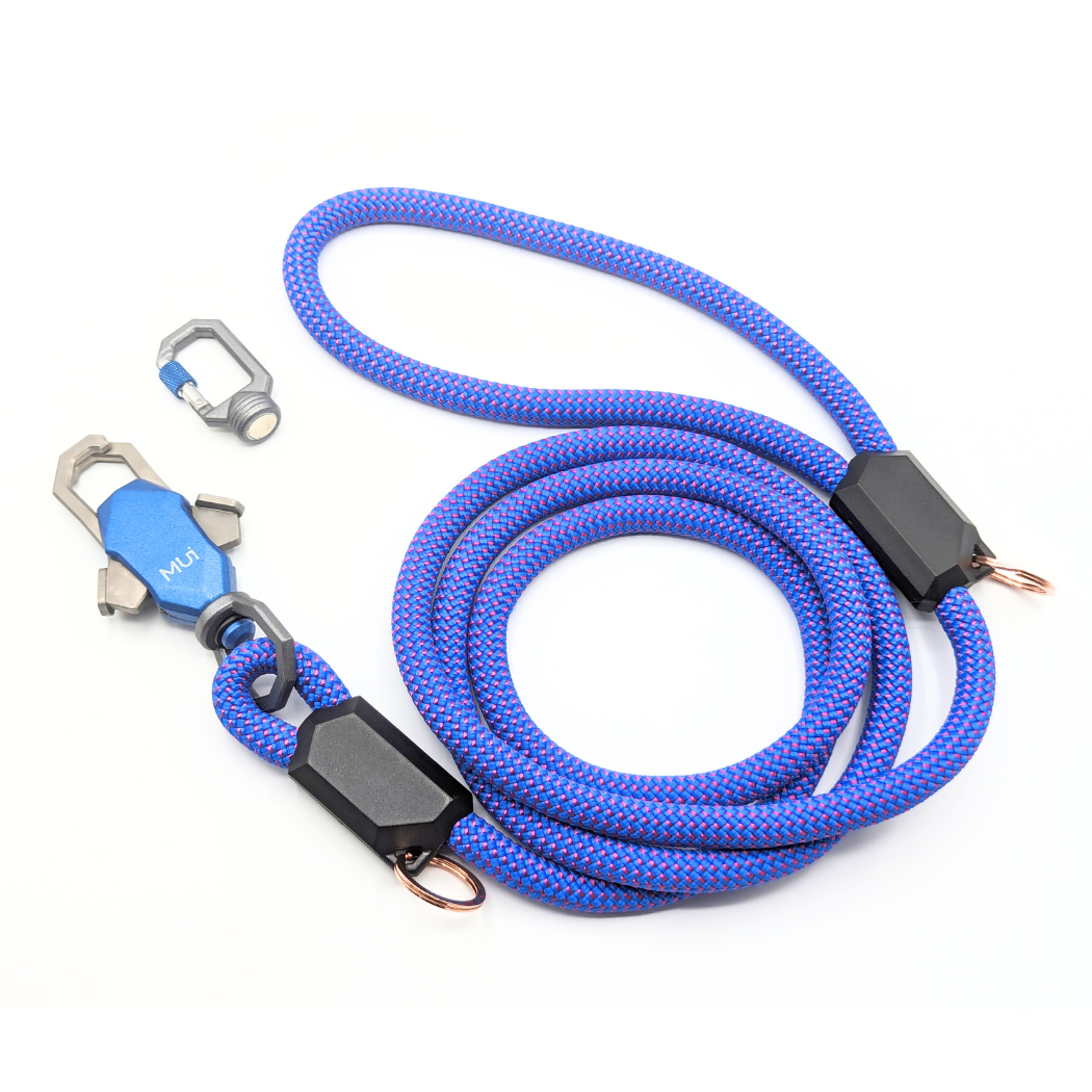 Blue rope leash coiled with its magnetic latch and clip