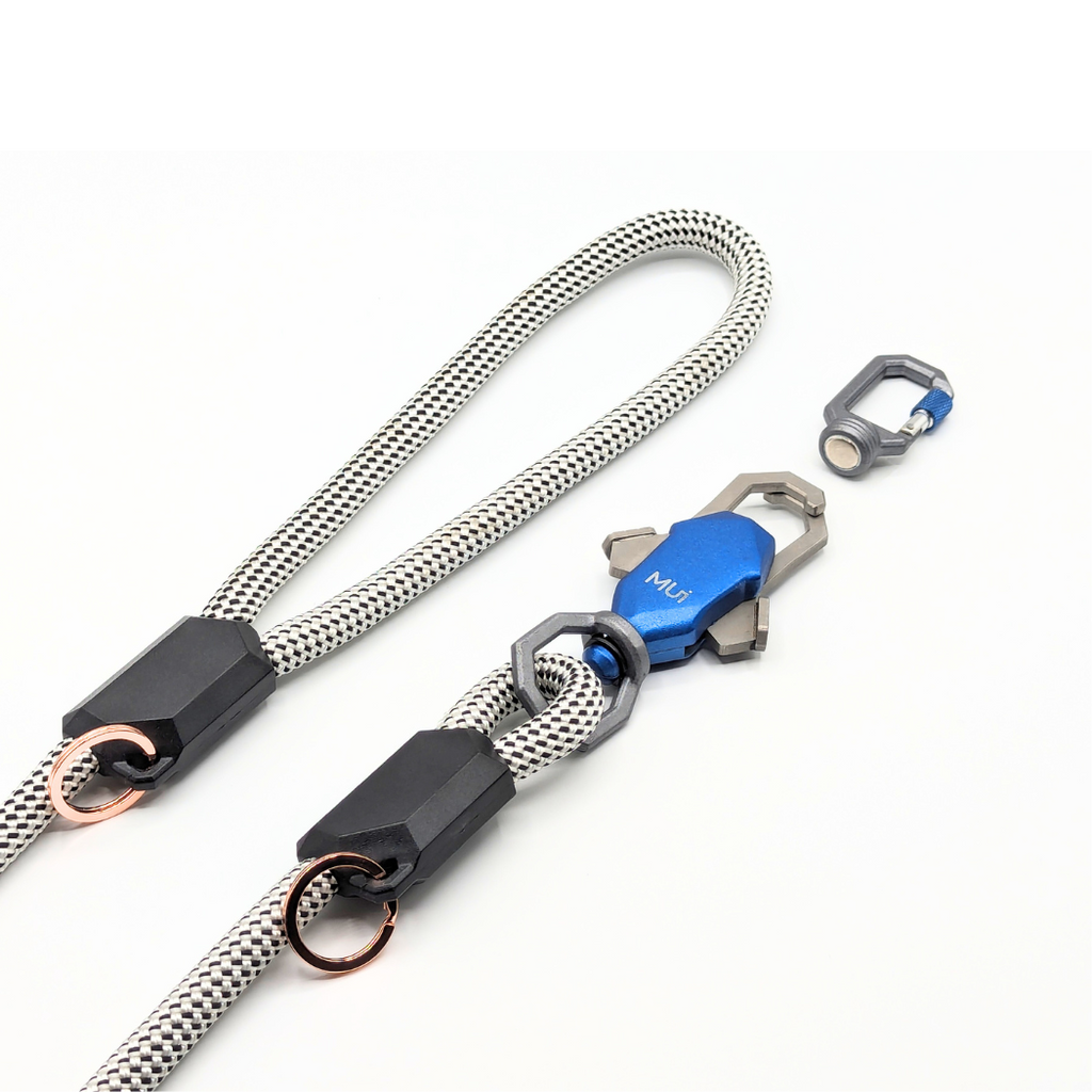 Gray rope dog leash with a blue magnetic latch and a small clip