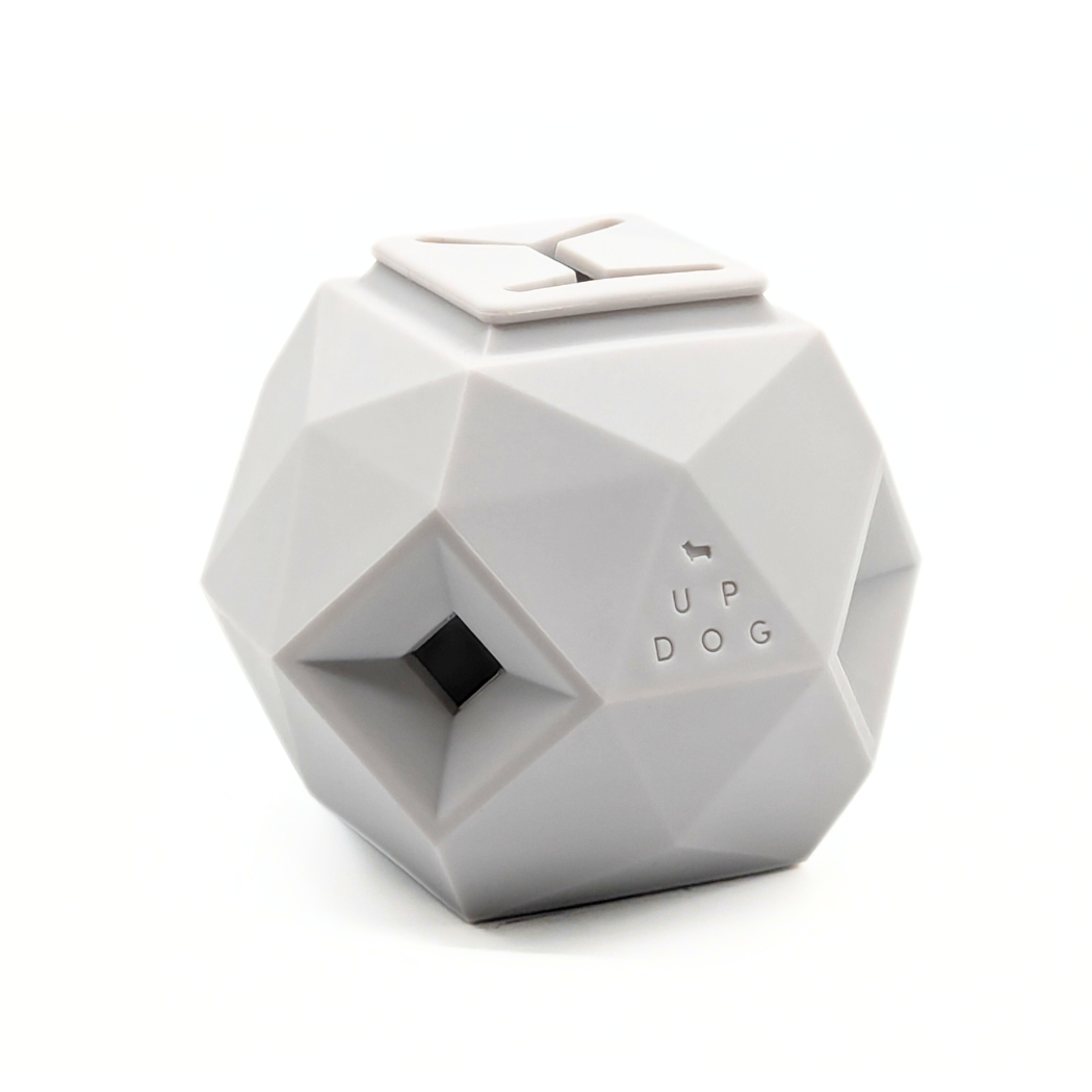 Light gray geometric treat dispensing dog toy