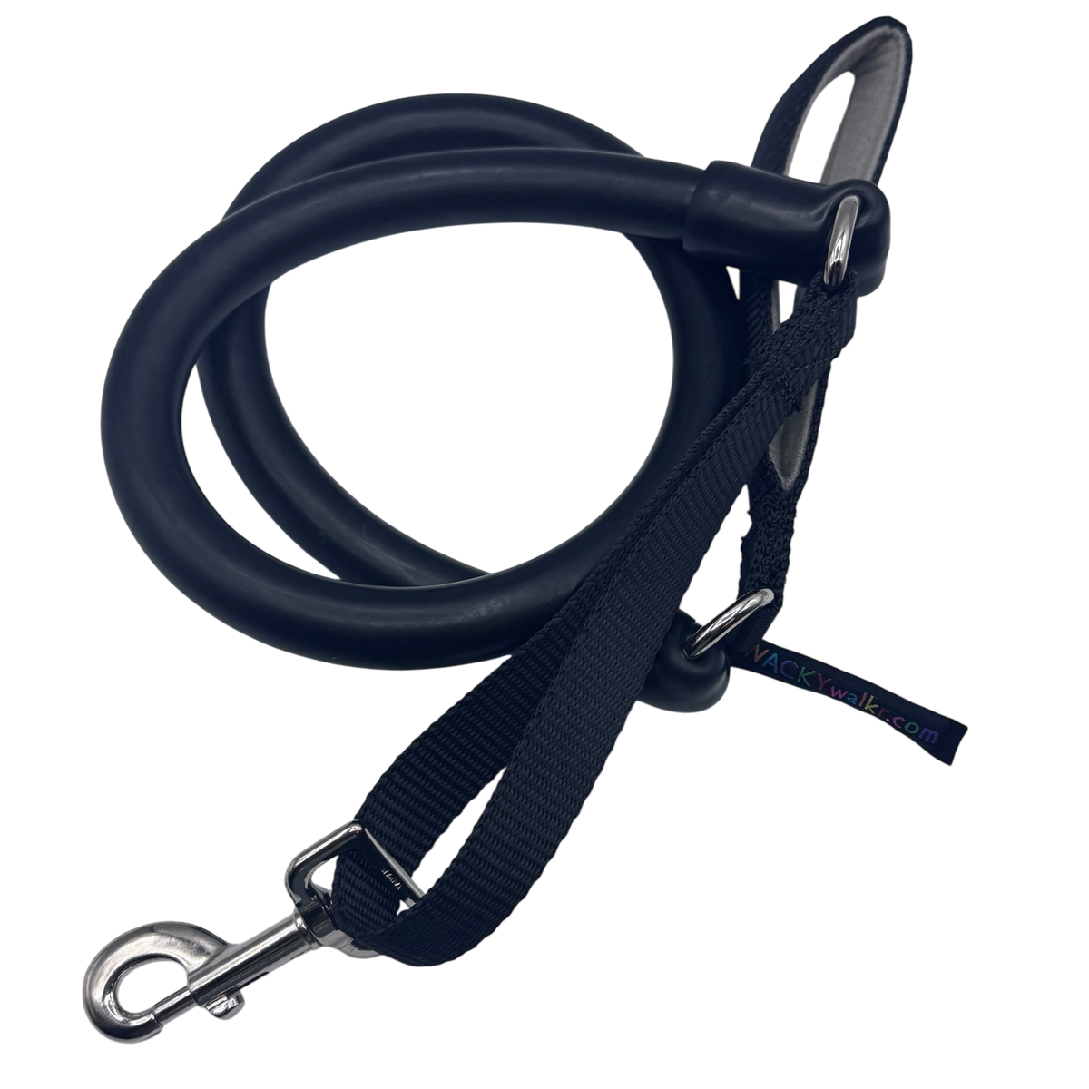Black coiled stretch dog leash with a metal clip
