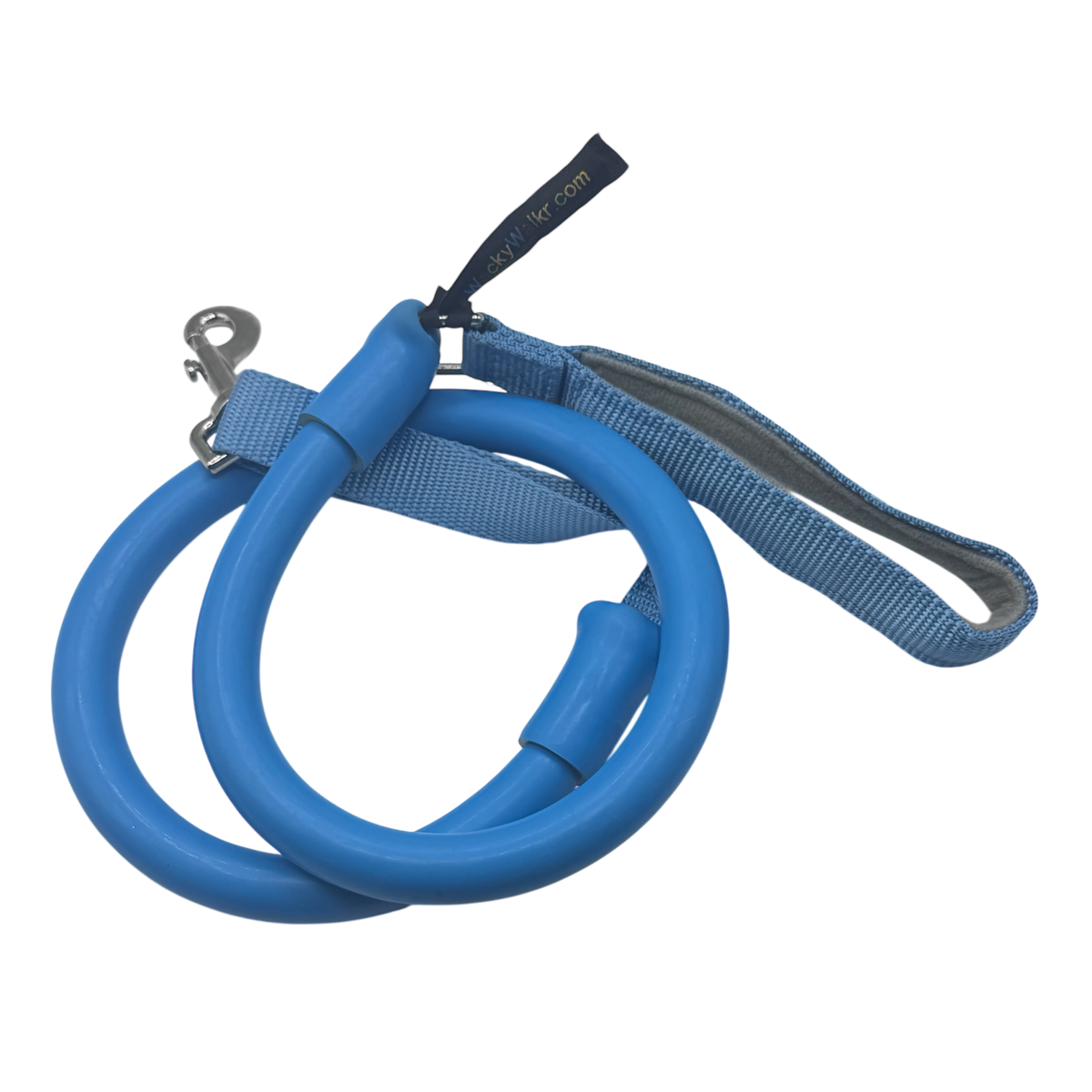 Blue coiled stretch dog leash with a padded handle and metal clip
