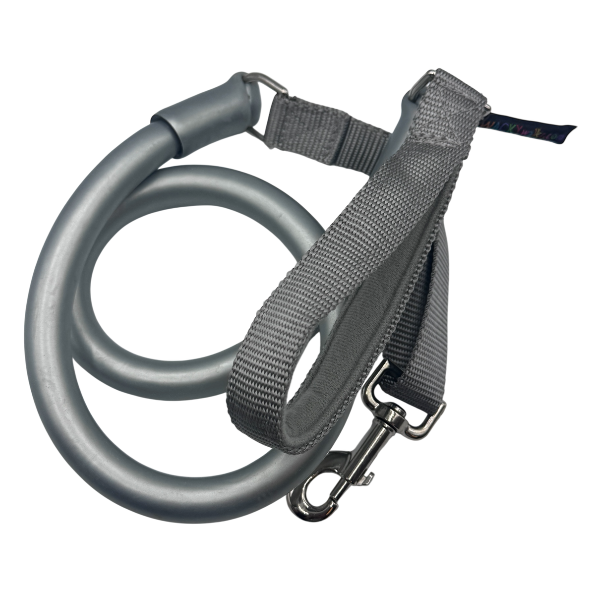 Gray coiled stretch dog leash with a metal clip
