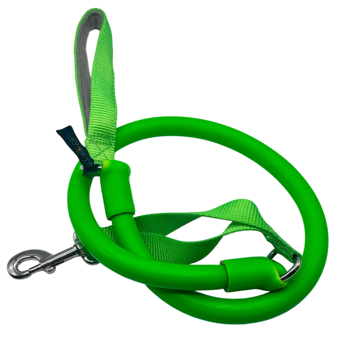 Green coiled stretch dog leash with a padded handle